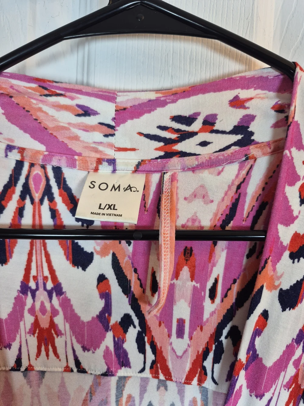 Soma Cool Nights Kimono Robe L/XL Pink Purple Ikat Geometric Knit Short Belted